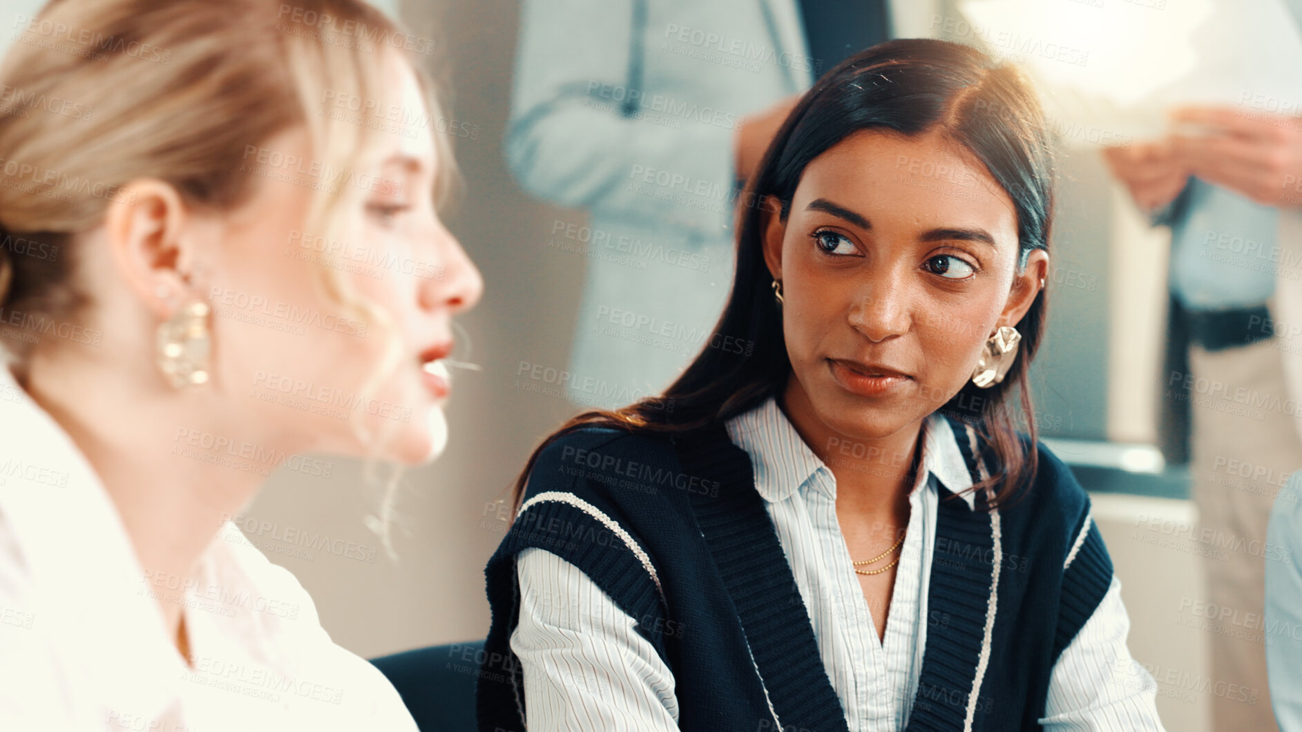 Buy stock photo Business women, team and talking at meeting, finance and listen with problem solving at office. People, accounting and discussion with insight for review, feedback and planning for solution at agency