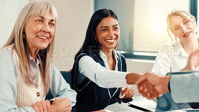 Buy stock photo Business women, congratulations or shaking hands in company for financial deal, target or profit. Investor, welcome or handshake in meeting for success, goal or well done for investment agreement