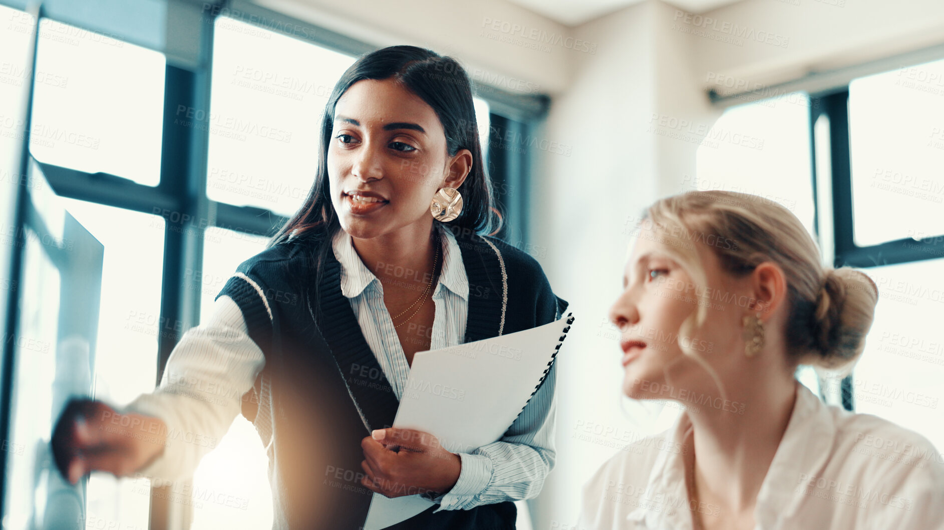 Buy stock photo Business women, coaching or computer with help for assistance, project or guide at office. Female people, employees or training staff on technology for internship program or new software at workplace
