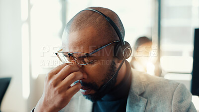 Buy stock photo Agent, black man and headache of eye strain in call center for difficult client, burnout and tired. Customer service, headset and person with tension migraine for technical issue, stress and pressure