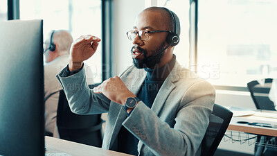 Buy stock photo Businessman, agent and talking with headset at office for customer service or online advice. Man, employee or consultant speaking with mic for telecommunications or virtual assistance at call center