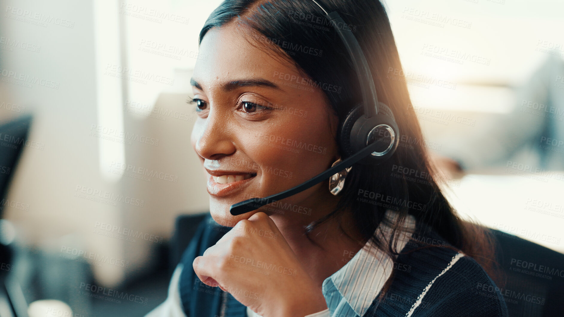 Buy stock photo Call center, smile and woman with headset, telemarketing and talking to contact for lead generation. Business, representative and person with tech for sales, conversation and happy for consultation