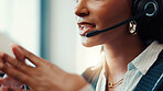 Call center, mouth and agent with headset, communication and talking to contact for lead generation. Business, representative and person with tech for sales, conversation and happy for consultation