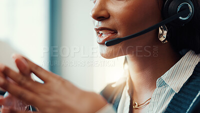 Buy stock photo Call center, mouth and agent with headset, communication and talking to contact for lead generation. Business, representative and person with tech for sales, conversation and happy for consultation