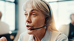 Call center, agent and woman with headset, sales and communication with contact for lead generation. Business, representative and mature person with tech for telemarketing, talking and consultation