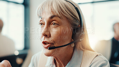 Buy stock photo Call center, agent and woman with headset, sales and communication with contact for lead generation. Business, representative and mature person with tech for telemarketing, talking and consultation
