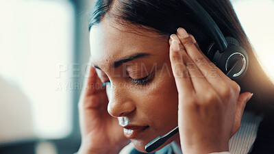 Buy stock photo Agent, woman and headache of stress in call center for difficult client, overworked and mistake. Customer service, headset and person with tension migraine for technical issue, 404 error and pressure