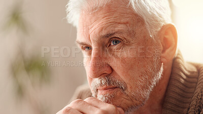 Buy stock photo Thinking, sad and vision with old man on sofa for Alzheimer, retirement and reflection. Nostalgia, depression and loneliness with senior person in living room of home for dementia and mental health