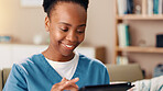 Happy nurse, black woman and research with tablet on sofa at home for medical or healthcare service. Female person, health worker or caregiver with smile on technology for telehealth or app at house