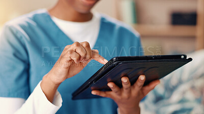 Buy stock photo Woman, nurse and hands with tablet for research, medical or healthcare service at home. Closeup, female person or caregiver browsing with technology for telehealth app, results or schedule at house