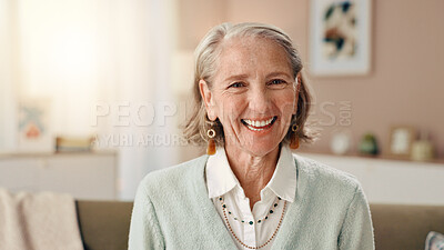 Buy stock photo Portrait, senior woman and smile at house for peace, calm morning and wellness of retirement. Happy, elderly person and laugh for funny memory, good mood and confident of weekend break in living room