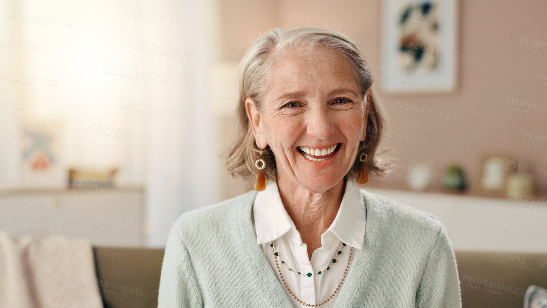 Buy stock photo Portrait, senior woman and smile at house for peace, calm morning and wellness of retirement. Happy, elderly person and laugh for funny memory, good mood and confident of weekend break in living room