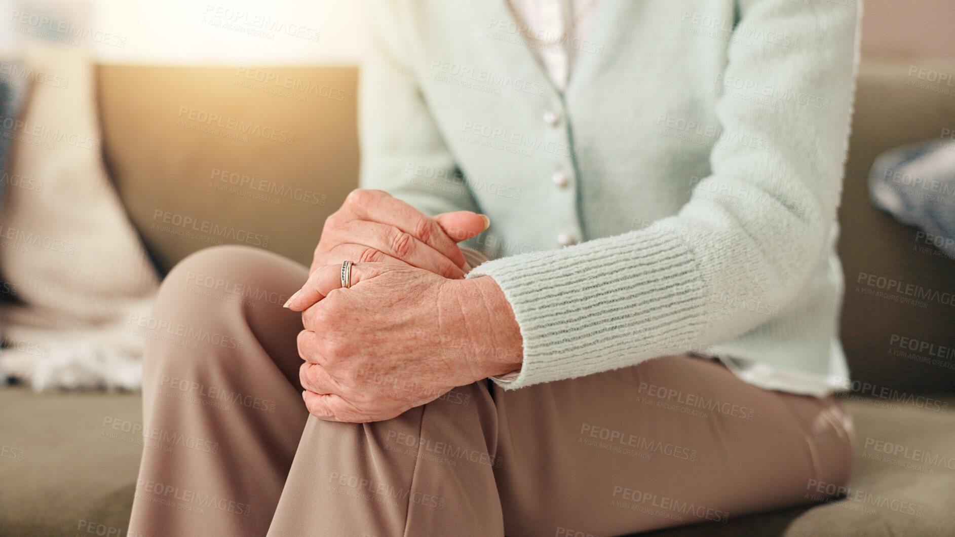 Buy stock photo Knee pain, hurt and senior person with arthritis, stiffness and medical condition in home and hands. Healthcare, sore and pensioner with muscle tension, osteoporosis and massage for legs in house