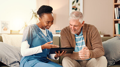 Buy stock photo Tablet, talking and happy nurse with old man on sofa for medical service, consulting and help. Retirement home, healthcare and caregiver with patient on tech for results, diagnosis and good news