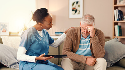 Buy stock photo Tablet, comfort and nurse with senior man on sofa for medical service, consulting or support. Retirement home, healthcare and caregiver with empathy for patient on tech for results, diagnosis or help