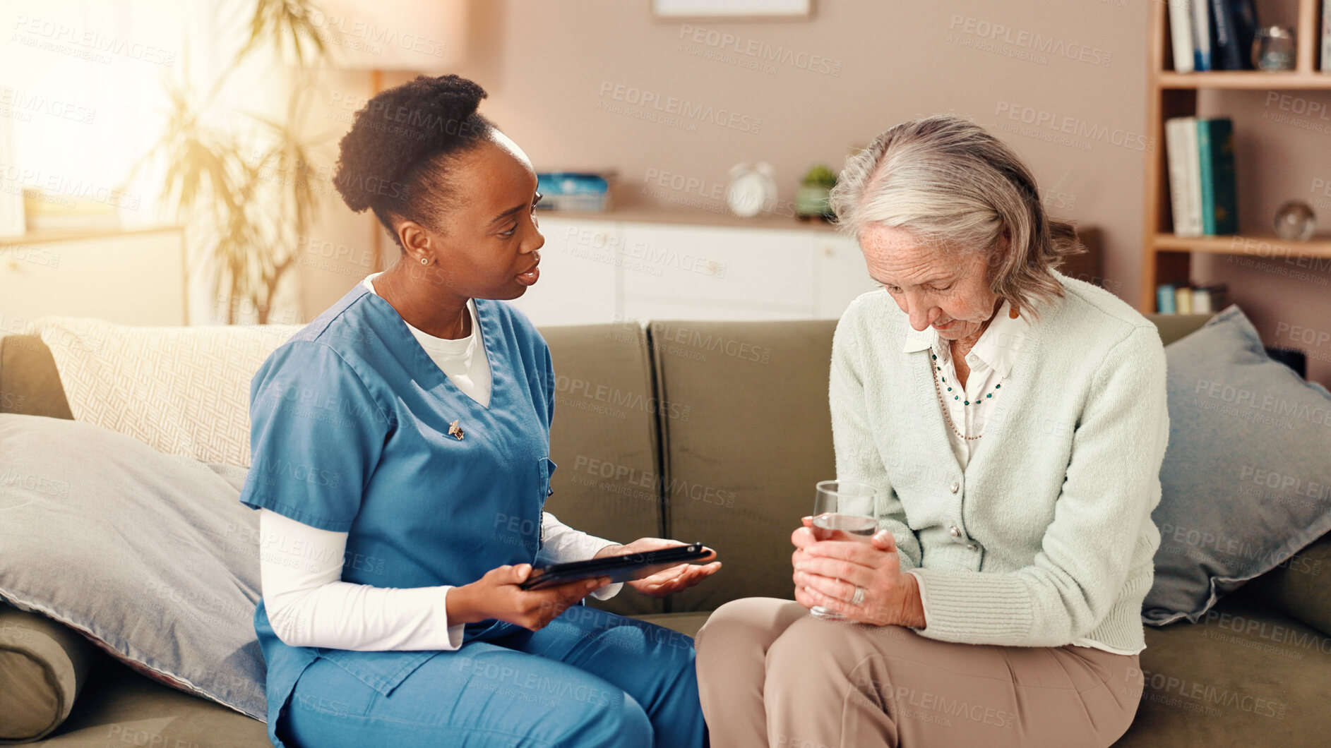 Buy stock photo Tablet, sad and nurse with senior woman on sofa for medical service, consulting or support. Nursing home, healthcare and caregiver with empathy for patient on tech for results, diagnosis or bad news