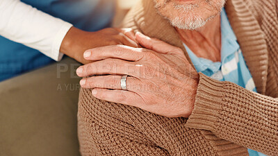 Buy stock photo Hands, shoulder and nurse with senior person on sofa for comfort, empathy and support. Retirement home, healthcare and caregiver with patient for medical care, help and compassion in assisted living