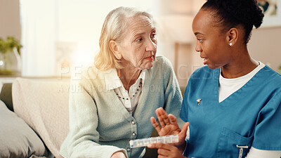 Buy stock photo Women, nurse and pills with elderly patient for medication prescription, consultation or dosage. Female people, caregiver or senior with medical or healthcare advice for pharmaceutical instructions