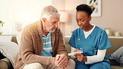 Buy stock photo Woman, nurse or pills with elderly patient for medication prescription, consultation or dosage. Female person, caregiver or senior man with medical or healthcare advice for pharmaceutical instruction