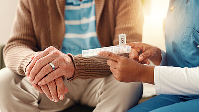 Buy stock photo People, hands or nurse with pills for elderly patient, medication prescription or daily dosage. Closeup, caregiver or senior with medical or healthcare advice for pharmaceutical instructions at home