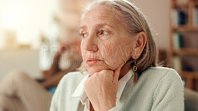 Buy stock photo Thinking, sad and memory with old woman on sofa for Alzheimer, retirement and reflection. Nostalgia, depression and loneliness with senior person in living room of home for dementia and mental health