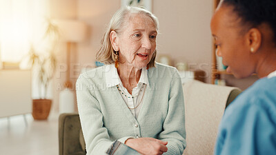 Buy stock photo Nurse, talking and medical with old woman on sofa for occupational therapy, advice and consulting. Healthcare, caregiver and retirement with senior person in nursing home for wellness and support