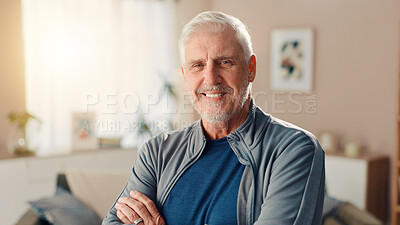 Buy stock photo Portrait, senior man and fitness at house for exercise, training and workout for wellness. Happy, elderly person and arms crossed for sports goals, healthy benefits and hobby for retirement in lounge