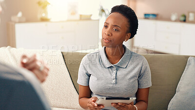 Buy stock photo Physio, patient and woman with tablet on sofa for injury consultation, rehabilitation and diagnosis. Healthcare, medical expert and listening to symptoms in clinic for health report or treatment plan
