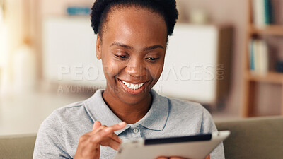 Buy stock photo Freelancer, smile and black woman with tablet in home for ads, campaign or social media management. Technology remote work or happy person in living room for engagement increase, viral post or scroll