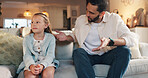Girl, sad and ignore dad on sofa with discussion, questions and worry in lounge with depression. People, father and child in living room with mental health, conversation and comfort at family house