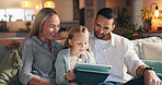 Home, parents and girl with tablet, smile and bonding together with online entertainment. Happy family, apartment and mother on sofa, father and daughter with tech, social media and help with app