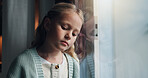 Depression, thinking and window with child in home for mental health, adoption crisis or stress. Mistake, foster care trauma and abandon fear with girl at house for sad, reflection and anxiety