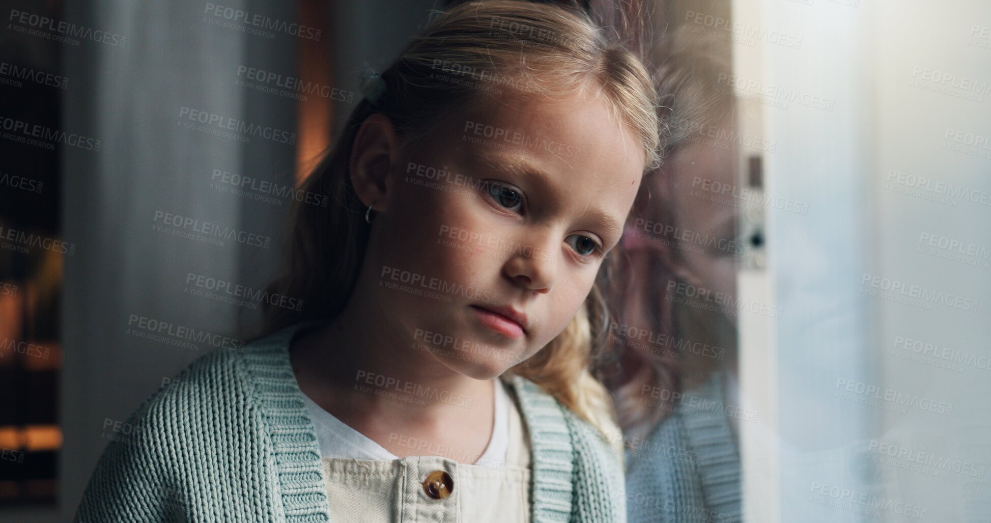 Buy stock photo Sad, thinking and window with child in home for mental health, adoption crisis or stress. Mistake, foster care trauma and abandon fear with girl at house for anxiety, reflection and depression