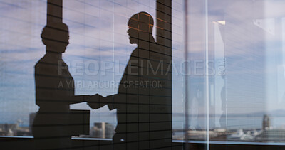 Buy stock photo Business people, shaking hands and silhouette at office, welcome and deal b2b collaboration. Partnership, employee and handshake with success, achievement or thank you with support at finance agency