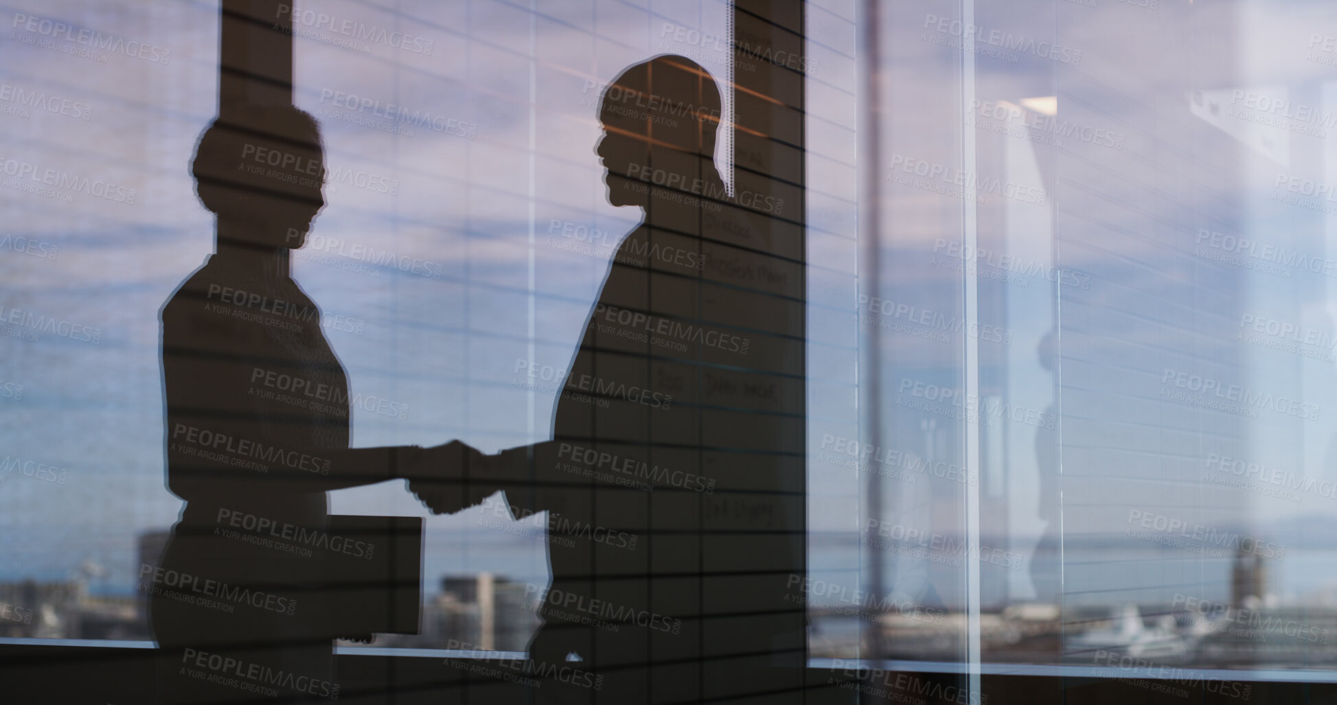 Buy stock photo Business people, shaking hands and silhouette at office, welcome and deal b2b collaboration. Partnership, employee and handshake with success, achievement or thank you with support at finance agency
