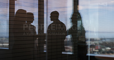 Buy stock photo Discussion, window reflection and business people in office with partnership for finance report. Meeting, collaboration and financial advisors with investors for company budget planning in workplace.
