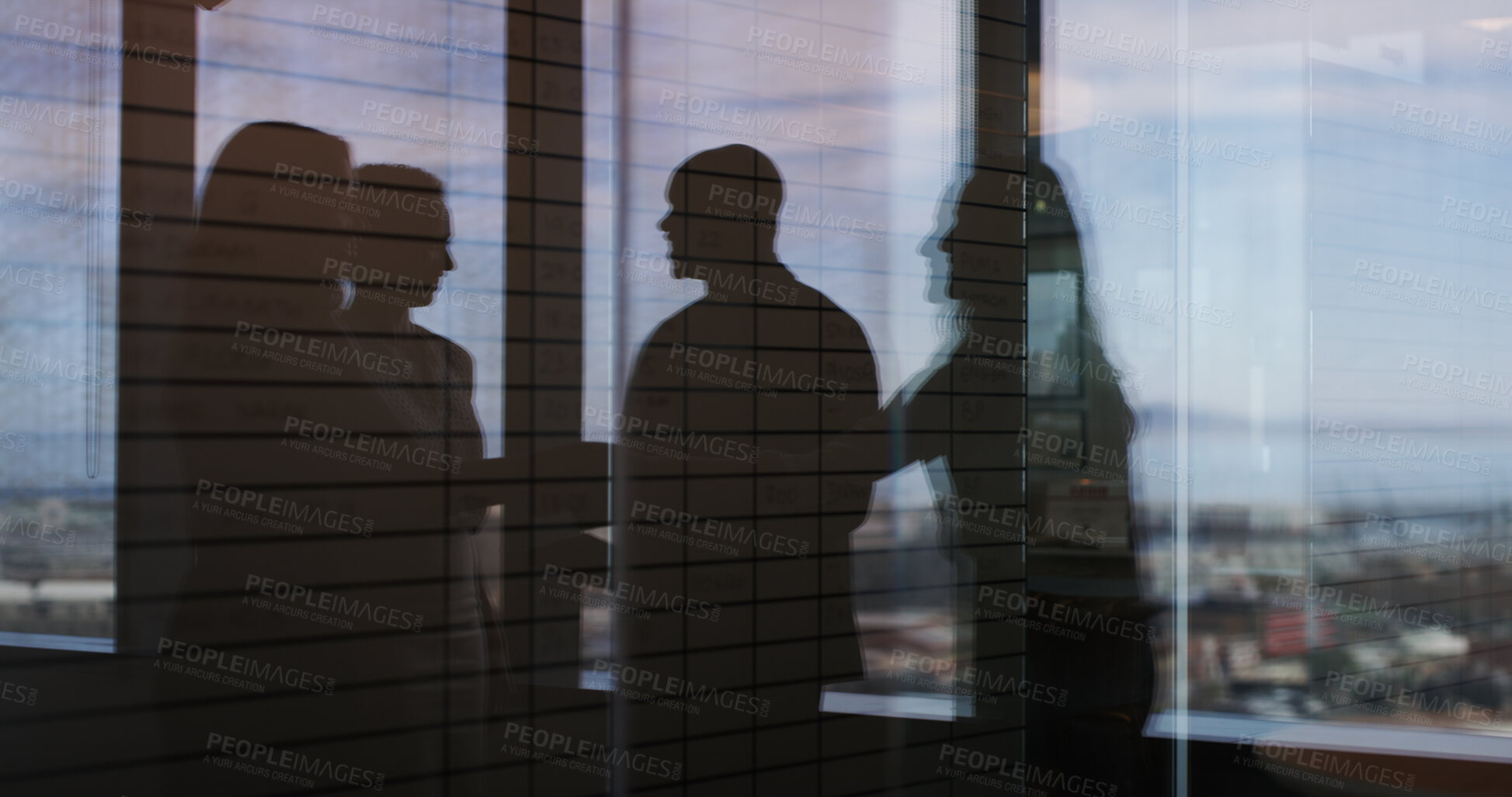 Buy stock photo Discussion, window reflection and business people in office with partnership for finance report. Meeting, collaboration and financial advisors with investors for company budget planning in workplace.