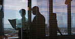 Meeting, window reflection and business people in office with partnership for finance report. Discussion, collaboration and financial advisors with investors for company budget planning in workplace.