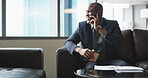 Business, black man and smile with phone call in office for discussion, feedback and expansion update. Happy, realtor and conversation on mobile of property development, client consultation and offer