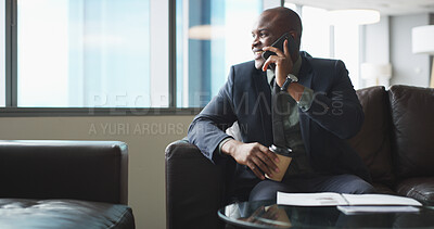 Buy stock photo Business, black man and smile with phone call in office for discussion, feedback and expansion update. Happy, realtor and conversation on mobile of property development, client consultation and offer