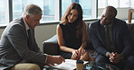 Business people, contract or investor in discussion for budget feedback, review or planning. Director, financial manager or talking in meeting with teamwork, documents or policy for project funding