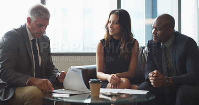 Buy stock photo Conversation, meeting and business people in office, documents or feedback for budget report. Group, accounting or employees with discussion, invest and advice for financial proposal or profit growth