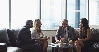 Buy stock photo Corporate, office and business people in lobby for meeting, collaboration and teamwork for deal. Professional, negotiation and men with women in discussion for planning, strategy and partnership
