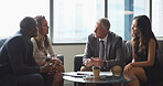 Meeting, office and business people in lobby with paperwork for contract deal. Professional, corporate and men with women in discussion with documents for planning, collaboration and partnership