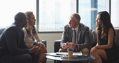 Buy stock photo Meeting, office and business people in lobby with paperwork for contract deal. Professional, corporate and men with women in discussion with documents for planning, collaboration and partnership