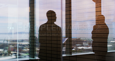 Buy stock photo Business people, silhouette and window with reflection on balcony for corporate insight or travel. Colleagues, employees or double exposure with vision for negotiation on economic structure in city