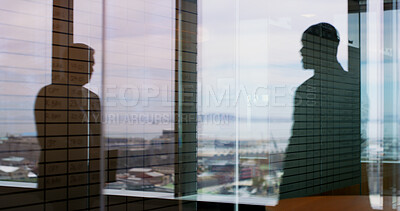 Buy stock photo Business, glass window and men in office, silhouette and meeting with accounting, talking and ideas. People, employees and financial advisor in workplace, communication and investment with teamwork