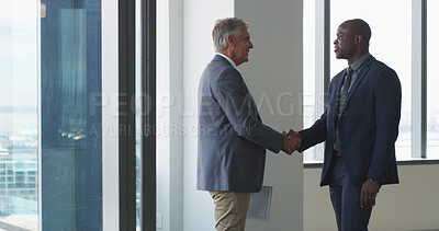 Buy stock photo Welcome, handshake and meeting with business people in office for contract, deal and thank you. Partnership, shaking hands and B2B with employees in agency for teamwork, support and opportunity