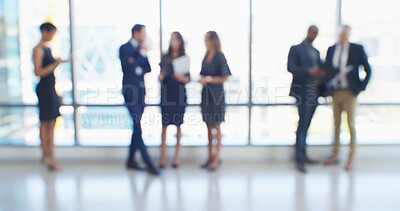 Buy stock photo Blur, business people and group in office, conversation and teamwork with accounting. Employees, cooperation and financial advisors in workplace, economy analyst and diversity with discussion