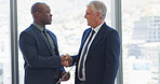 Contract, handshake and welcome with business people in office for meeting, deal and thank you. Partnership, shaking hands and b2b with employees in agency for teamwork, support and opportunity